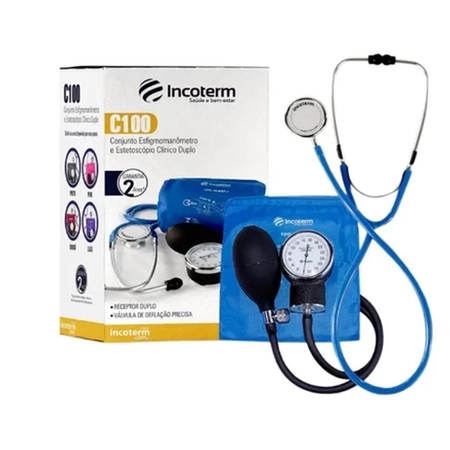 Conjunto Esfigmomanômetro Nylon Fecho Velcro + Estetoscópio Incoterm - Azul