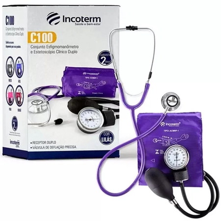 Conjunto Esfigmomanômetro Nylon Fecho Velcro + Estetoscópio Incoterm - Lilás