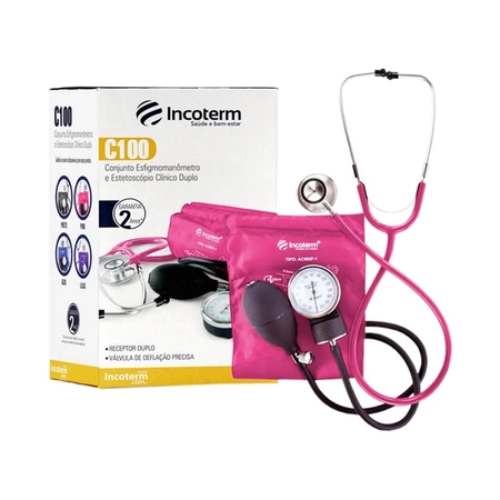 Conjunto Esfigmomanômetro Nylon Fecho Velcro + Estetoscópio Incoterm - Pink